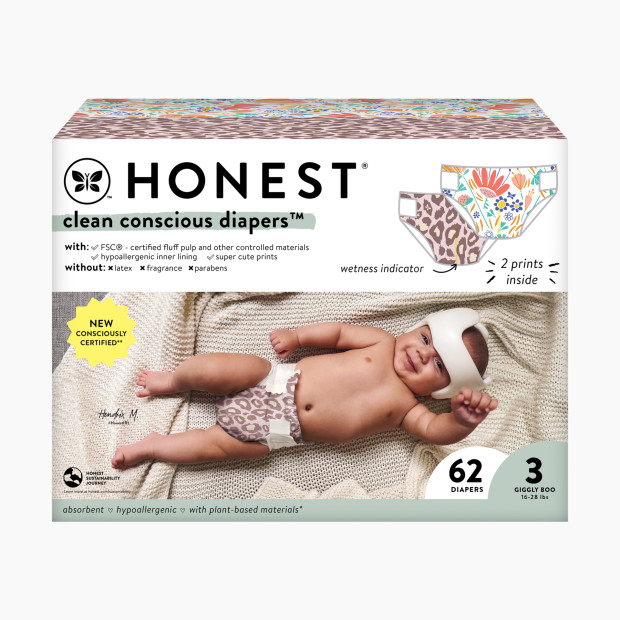 The Honest Company Clean Conscious Disposable Diapers - Wild Thang + Flower Power, Size 3, 62 Count.