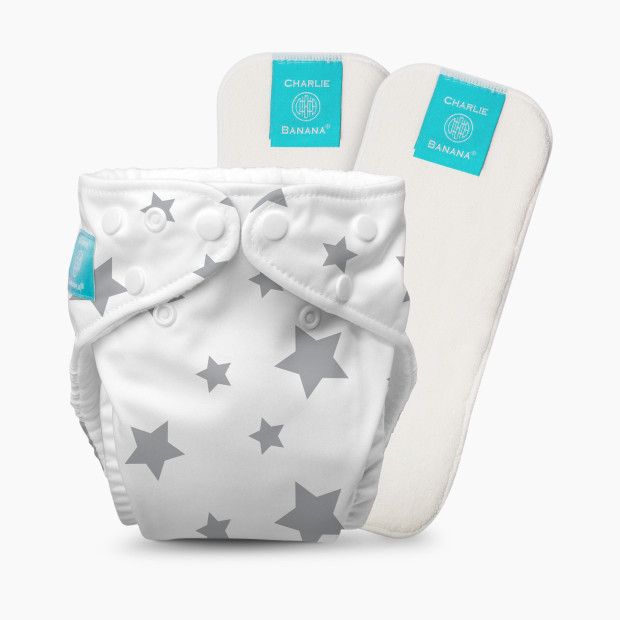 Charlie Banana One-size Reusable Cloth Diaper with 2 Reusable Inserts - White/Grey Stars.