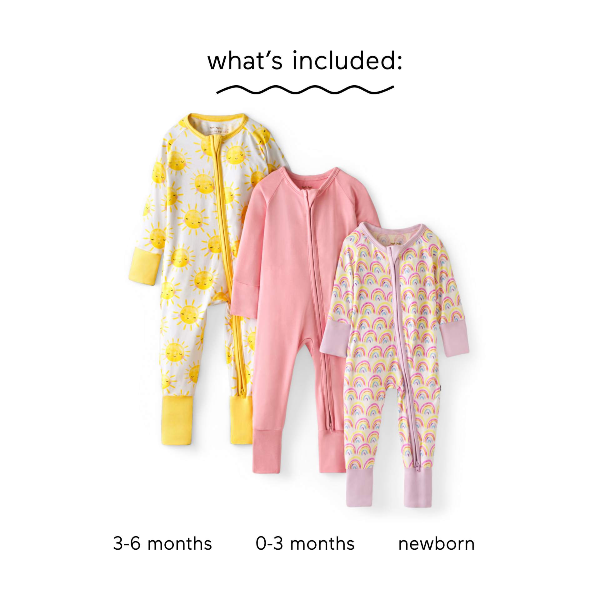 Little Sleepies Grow With Me Zippy Three Pack - Pastel Rainbows, Newborn To 3-6 Months.