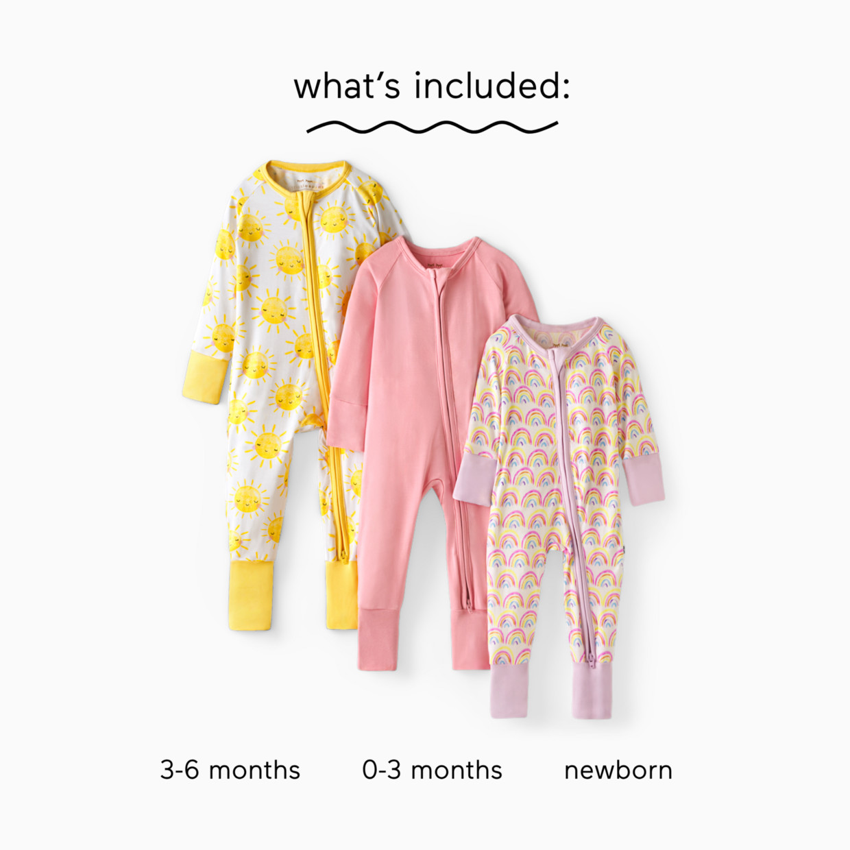 Little Sleepies Grow With Me Zippy Three Pack - Pastel Rainbows, Newborn To 3-6 Months.