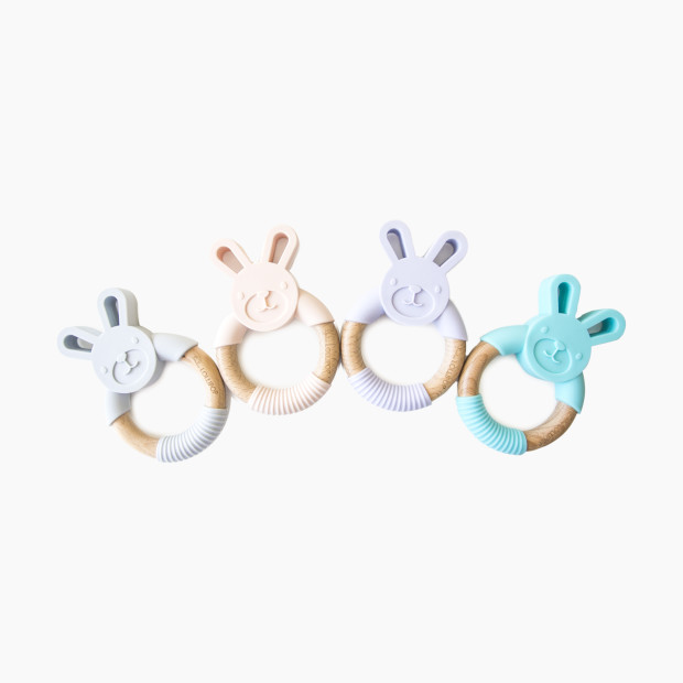 Loulou Lollipop Bunny Silicone and Wood Teething Ring - Light Grey.