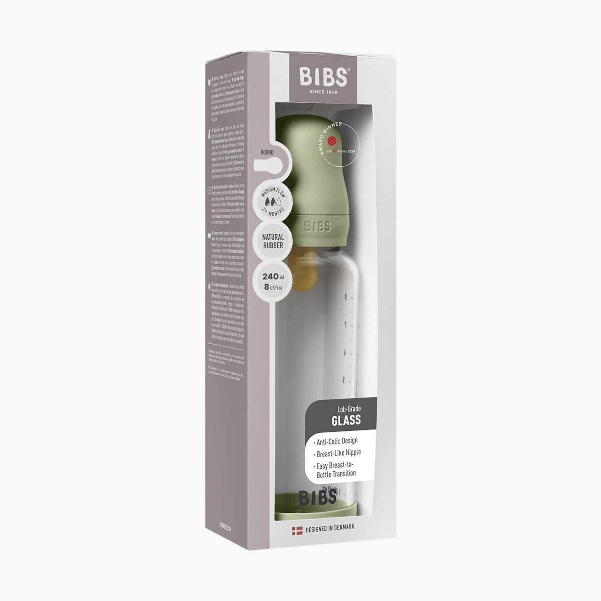 BIBS Baby Glass Bottle with Natural Rubber Nipple - Sage, 8oz.