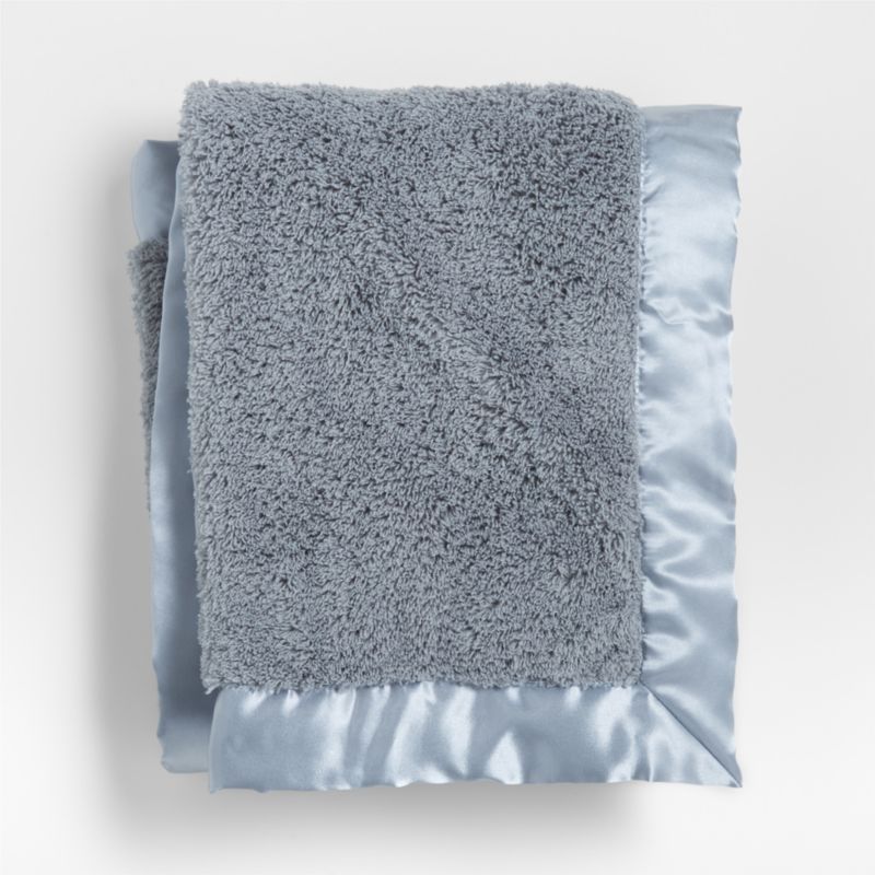 Blue-Grey Satin Trim Plush Baby Stroller Blanket