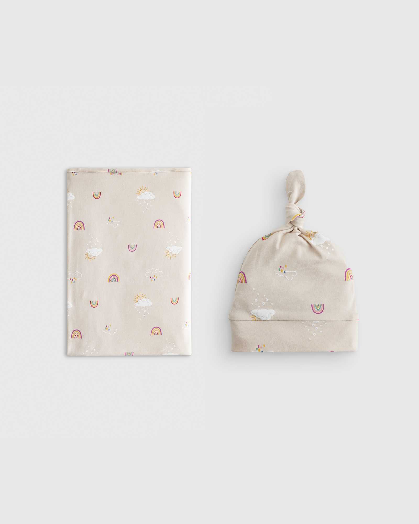 Quince Bamboo Swaddle & Hat Bundle - Baby in Rainbows.