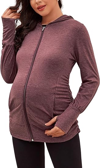 DEBELLY Maternity Sweatshirts Long Sleeve Full Zip Hoodie Casual Pregnancy Women Jacket Top with Pockets, Thumb Hole, Side Ruching.
