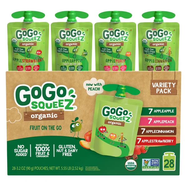 GoGo SqueeZ Organic Applesauce, Variety Pack, 3.2 oz, 28-Count.
