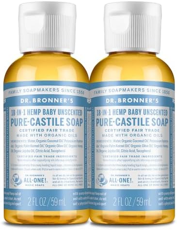 Dr. Bronner's Pure-Castile Liquid Soap, Travel-Size (Baby Unscented, 2 ounce, 2-Pack).