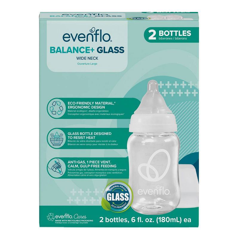 Evenflo Balance Wide Neck Anti-Colic Glass Baby Bottles, 6 fl oz (2-pack).