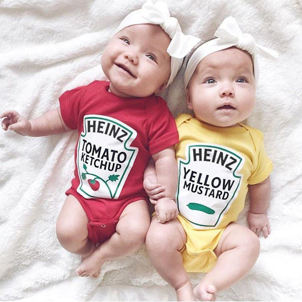 Buzz Bear Studio Twins Ketchup & Mustard Bodysuits.