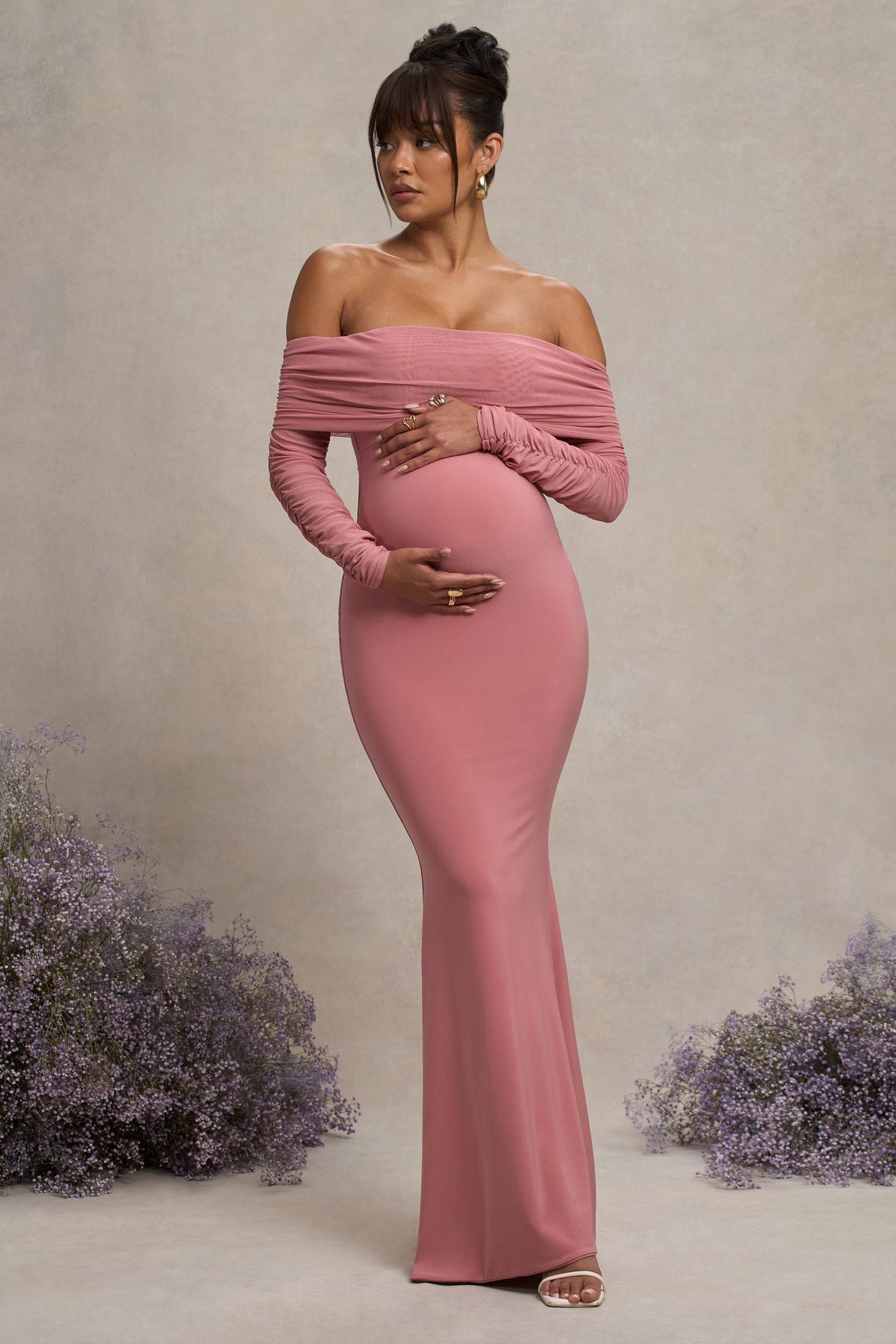 Club L London Pretty Perfect Blush Pink Maternity Ruched Mesh Bardot Maxi Dress.