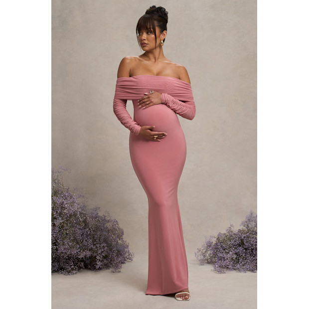 Club L London Pretty Perfect Blush Pink Maternity Ruched Mesh Bardot Maxi Dress.