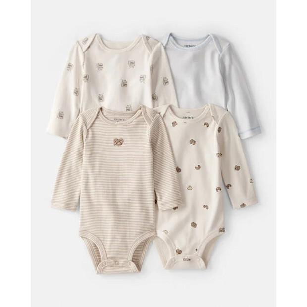 Snack Time Long-Sleeve Multipack Bodysuits, 4-Pack.