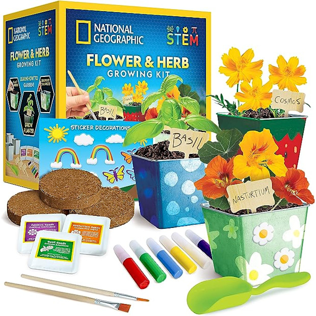 National Geographic Flower & Herb Gardening Kit with 3 Stainless Steel Pots, Paint & Stickers, Arts and Crafts Gift, Kids Plant Growing Set.