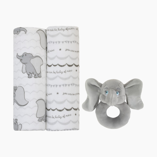 NoJo Baby 100% Cotton Muslin Swaddles with Plush Rattle (2 Pack) - Dumbo.