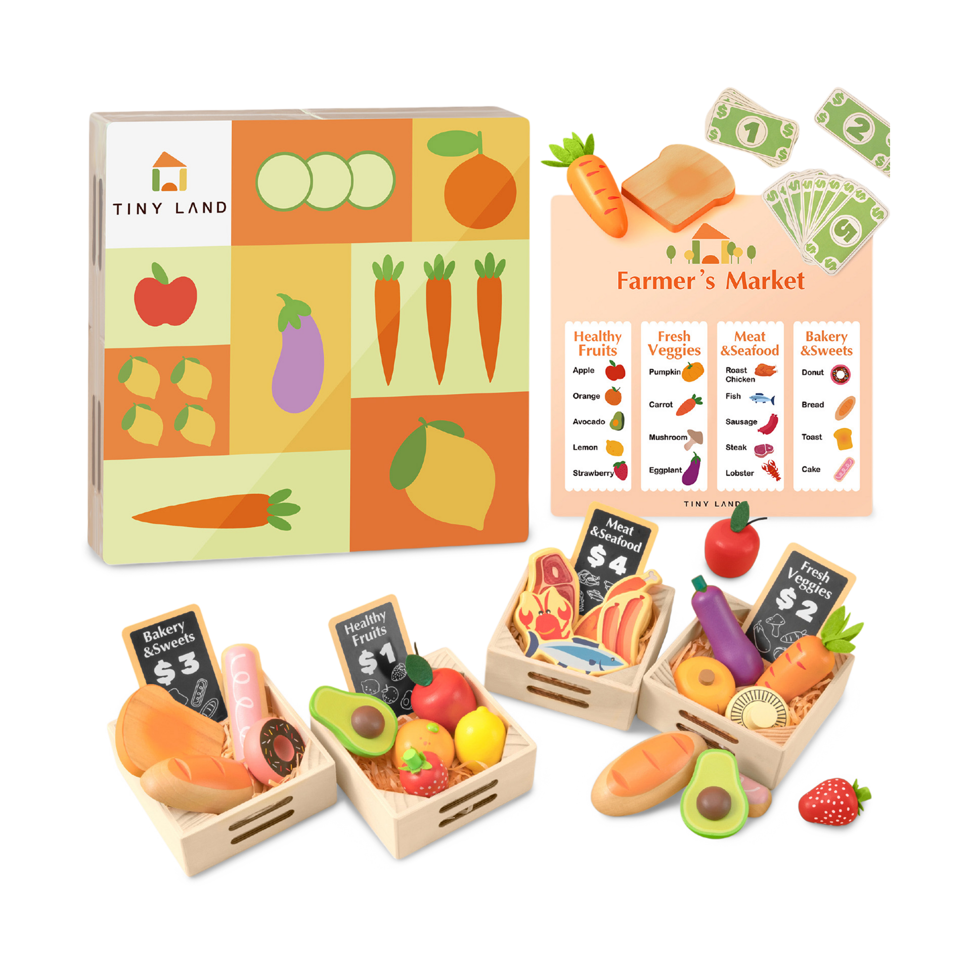 Tiny Land® Play Kitchen Accessories – Wooden Play Food for Play Kitchen: Pretend Cooking Set for Kids