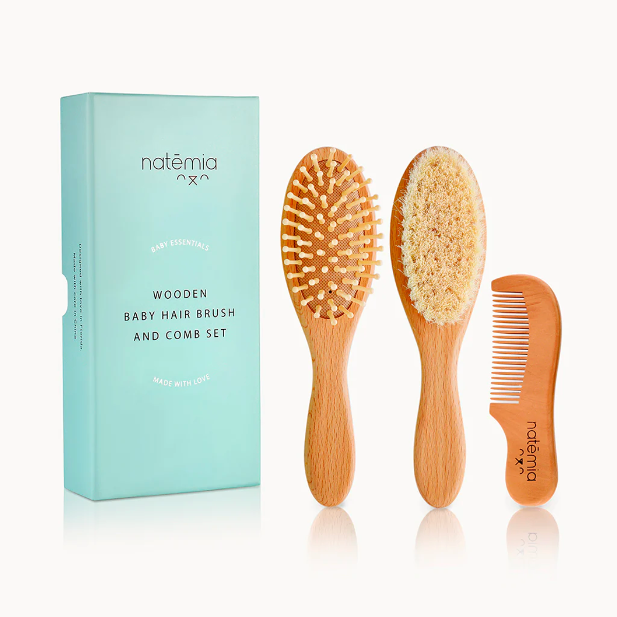 Natemia Baby Hair Brush and Comb Set - Wooden Soft Bristle Brush, Cradle Cap Brush for Newborns and Toddlers