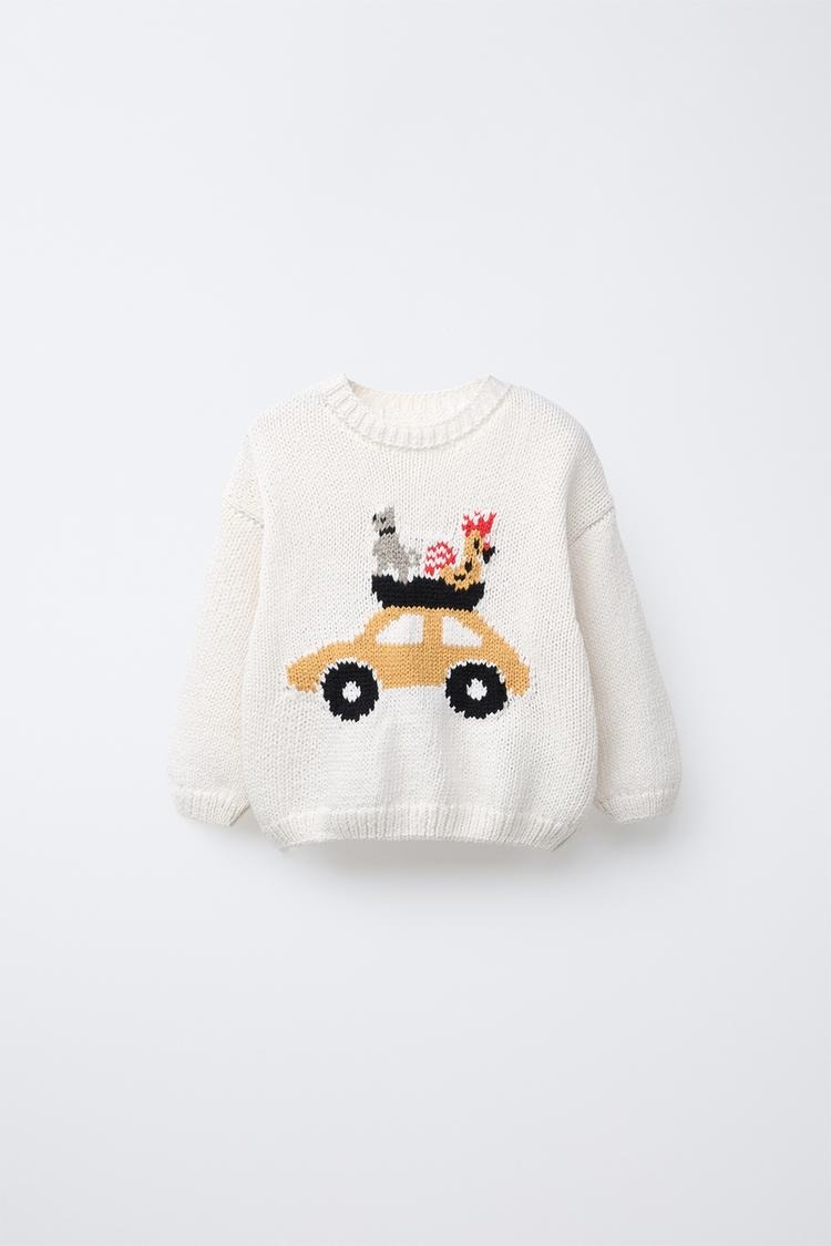 Car And Animal Print Knit Sweater.
