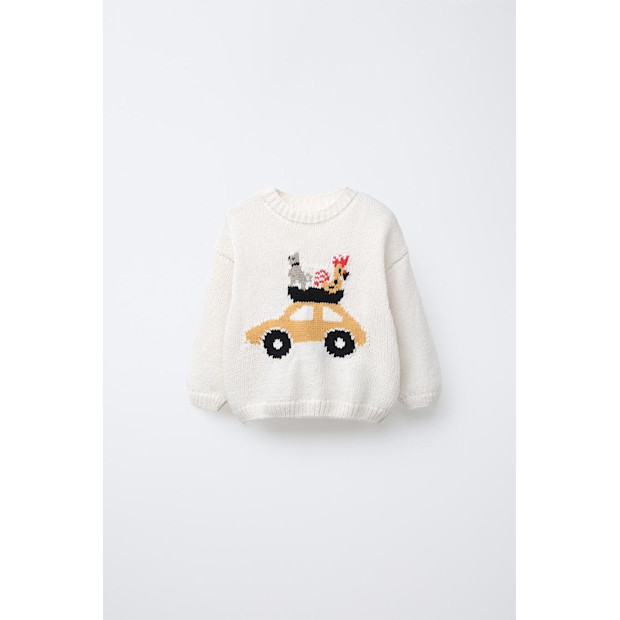 Car And Animal Print Knit Sweater.