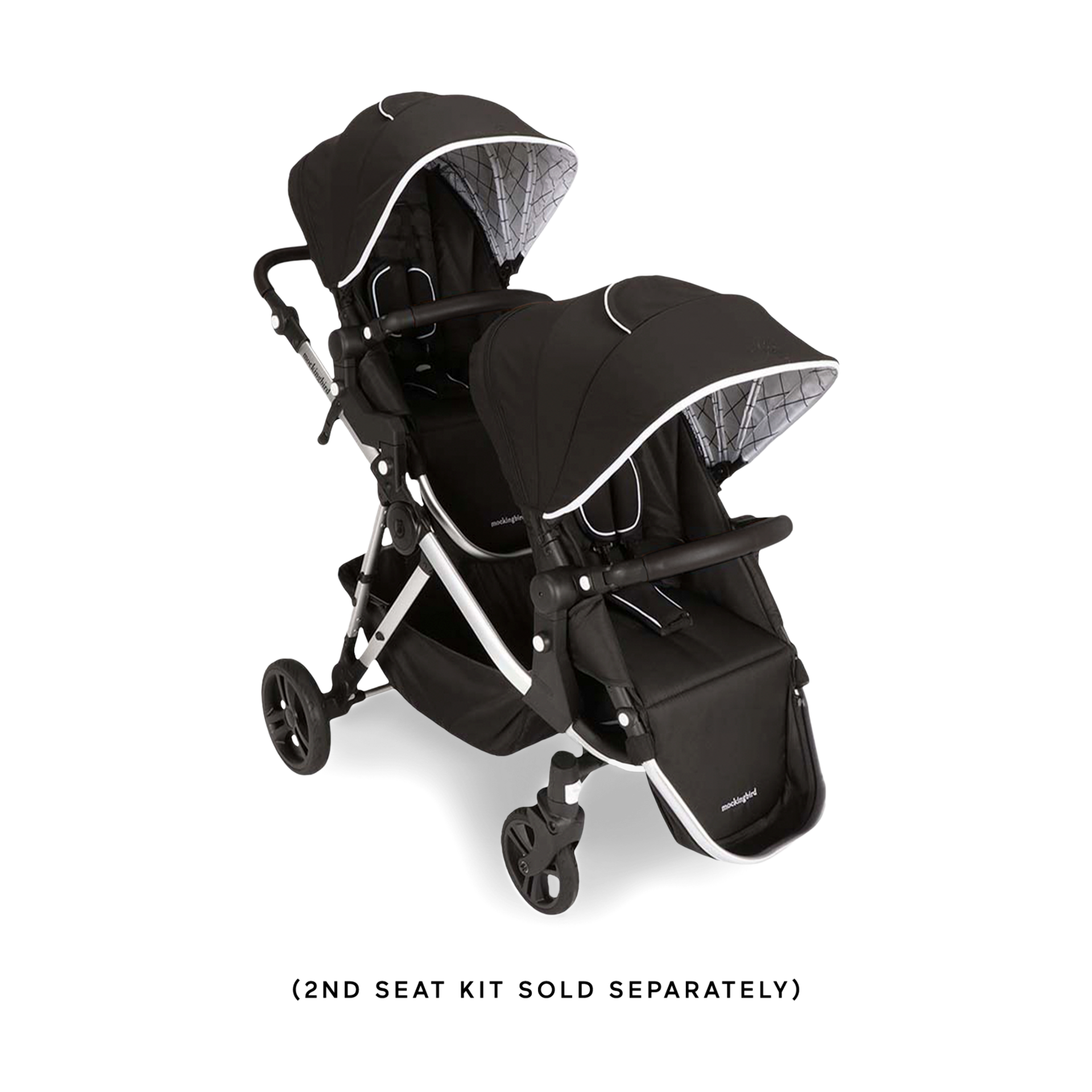 Mockingbird Single-to-Double Stroller 2.0 - Black/Windowpane Canopy With Black Leather (2020).