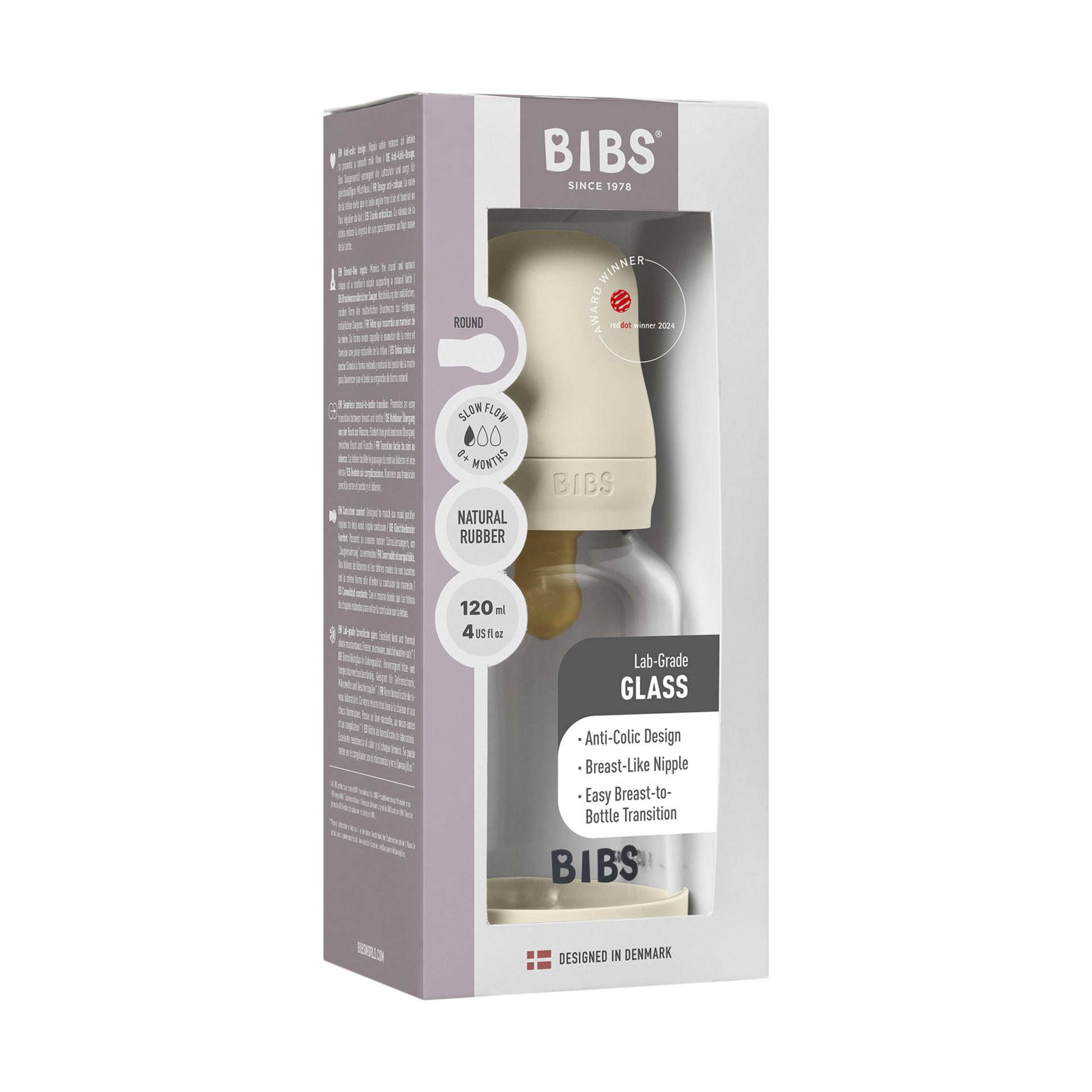 BIBS Baby Glass Bottle with Natural Rubber Nipple - Ivory, 4oz.