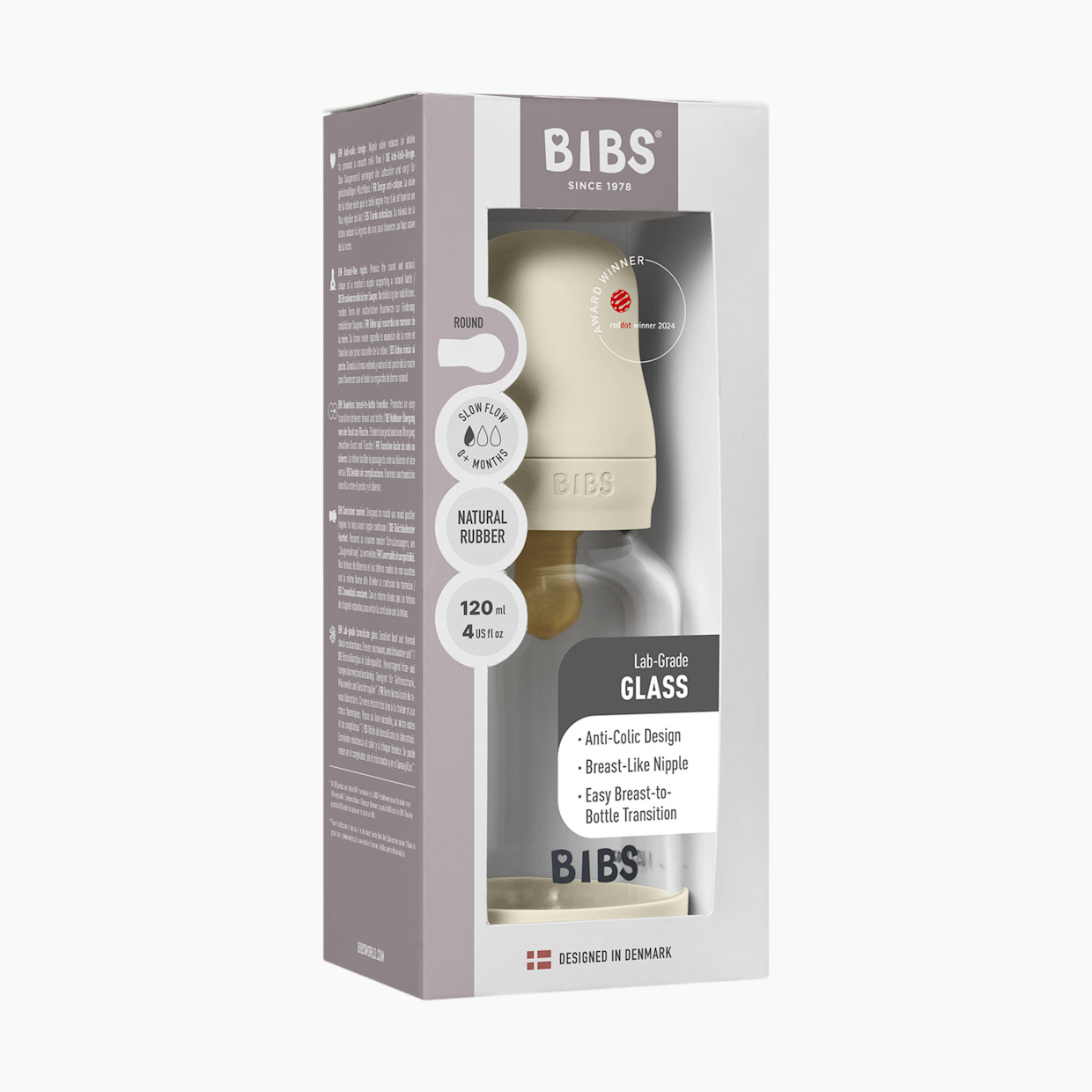 BIBS Baby Glass Bottle with Natural Rubber Nipple - Ivory, 4oz.