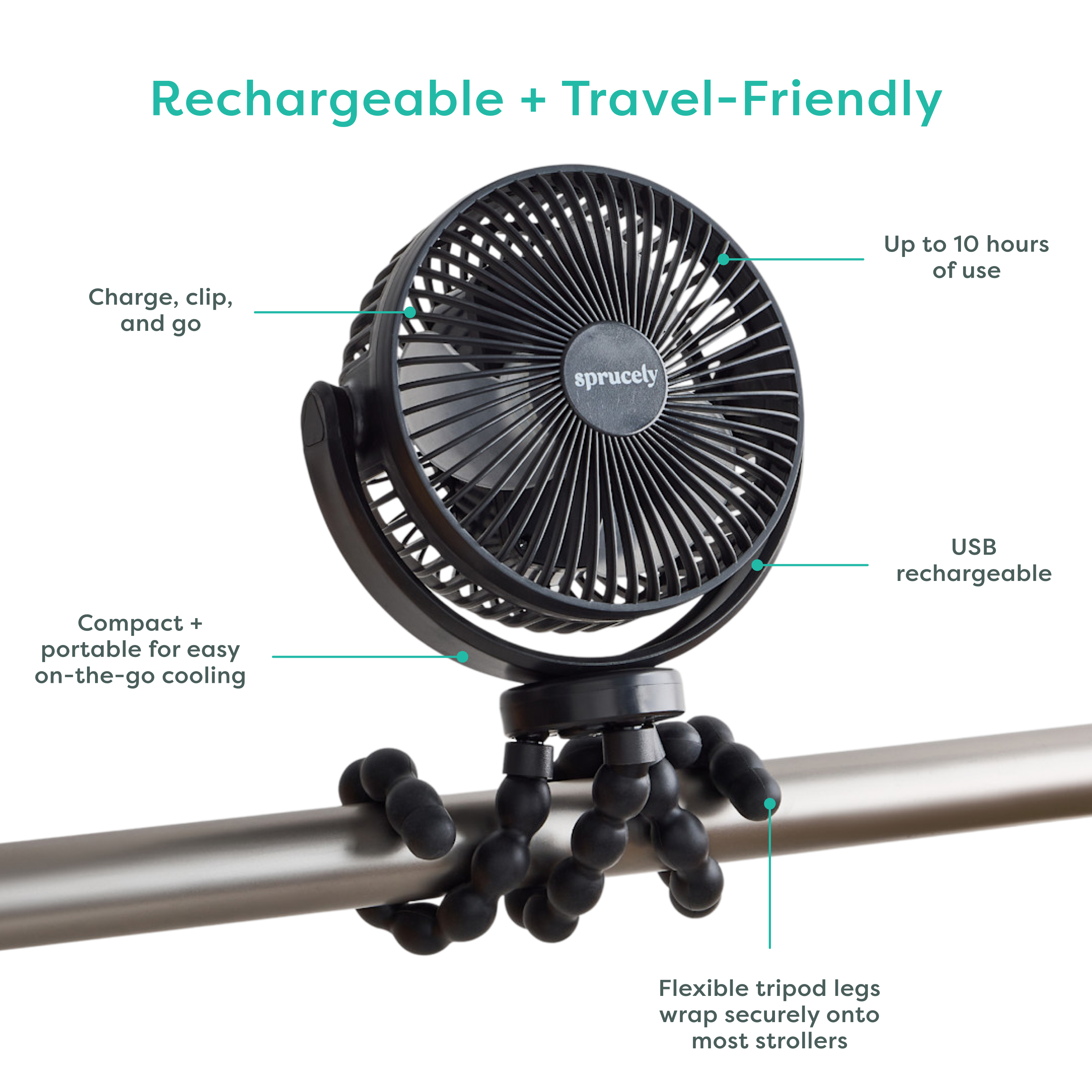 Sprucely Rechargeable Portable Stroller Fan - Black.