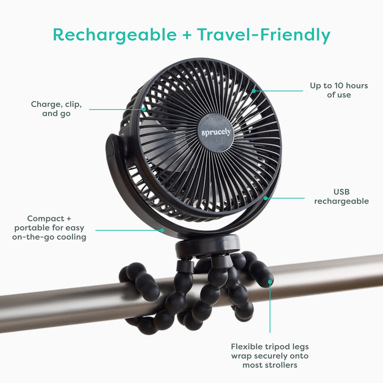 Sprucely Rechargeable Portable Stroller Fan - Black.
