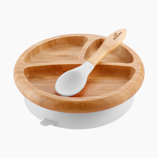 Avanchy Bamboo Suction Baby Plate + Spoon - White.