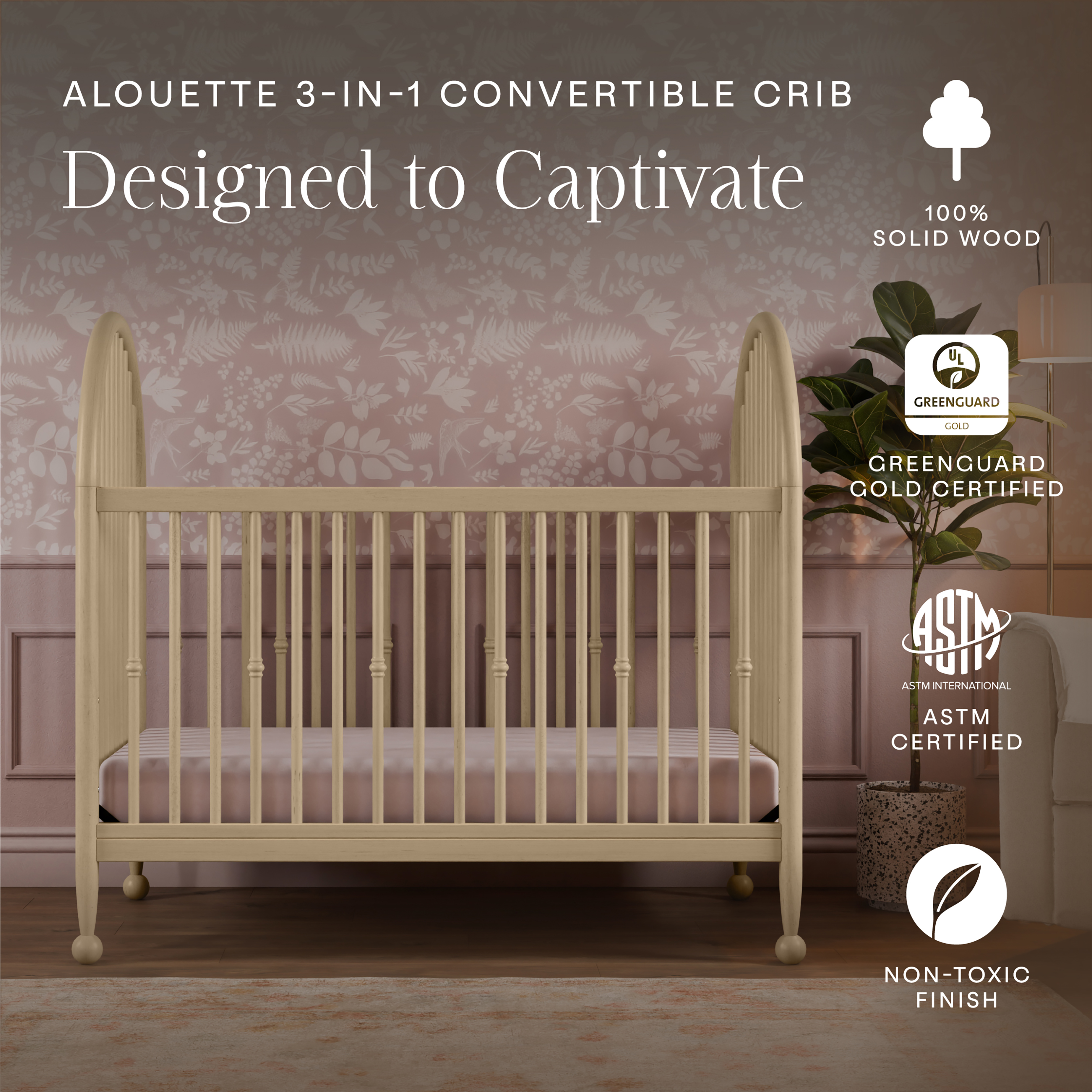 Namesake Alouette 3-in-1 Convertible Spindle Crib - Washed Pine.