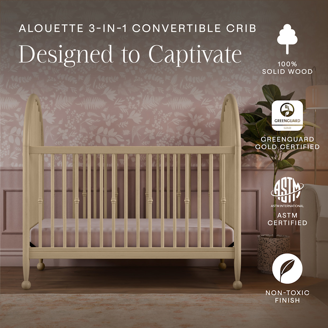Namesake Alouette 3-in-1 Convertible Spindle Crib - Washed Pine.