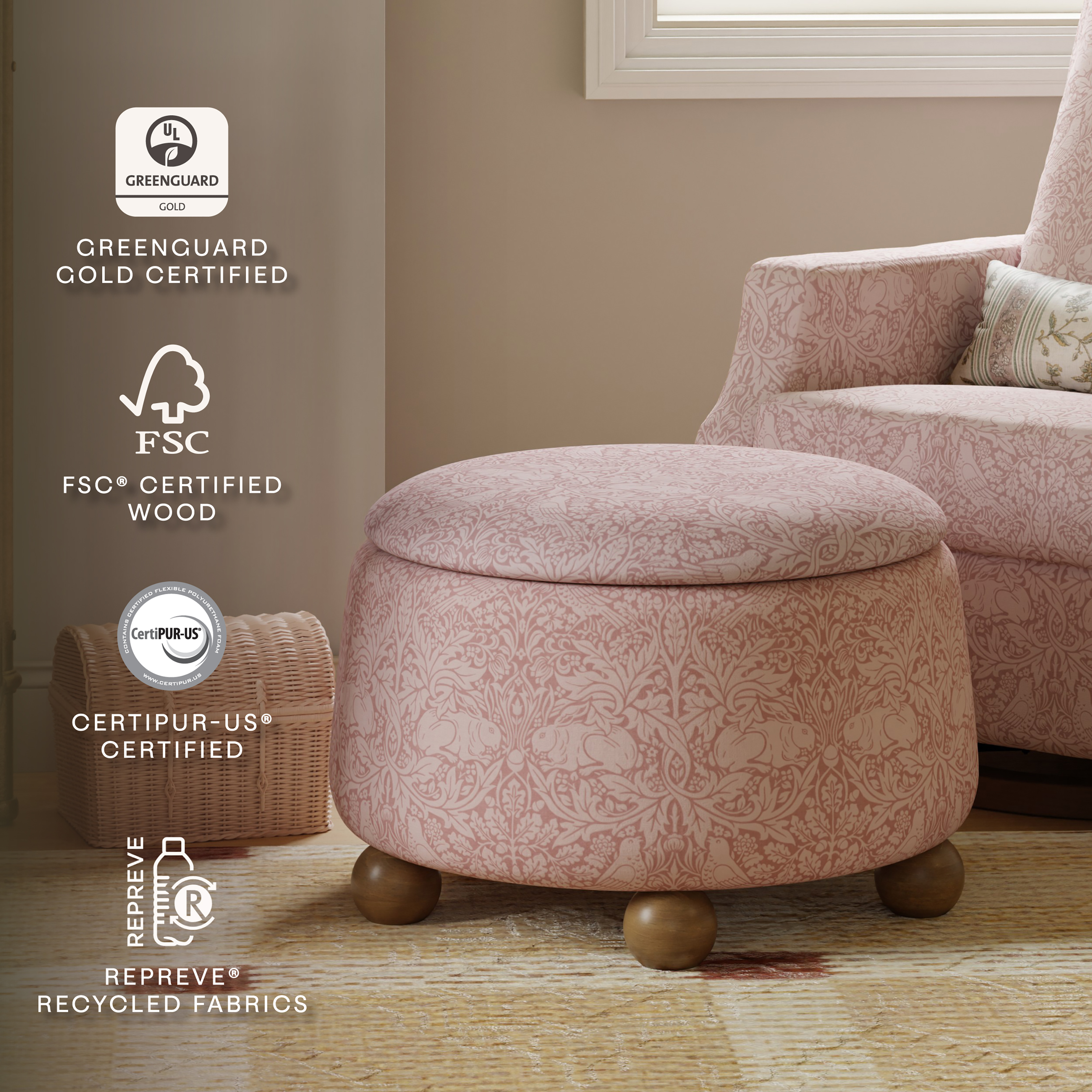 Namesake Morris & Co. x Namesake Tuffet Storage Ottoman - Pure Brer Rabbit In Rose Performance Eco-Weave.
