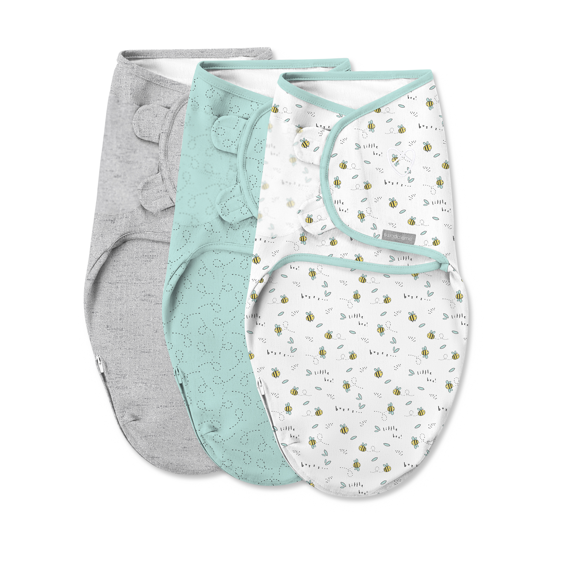 SwaddleMe by Ingenuity Easy Change Baby Swaddle in Size Small/Medium, 0-3 Months, 7-14 Pounds, 3-Pack with Easy Change Zipper - Little Bees