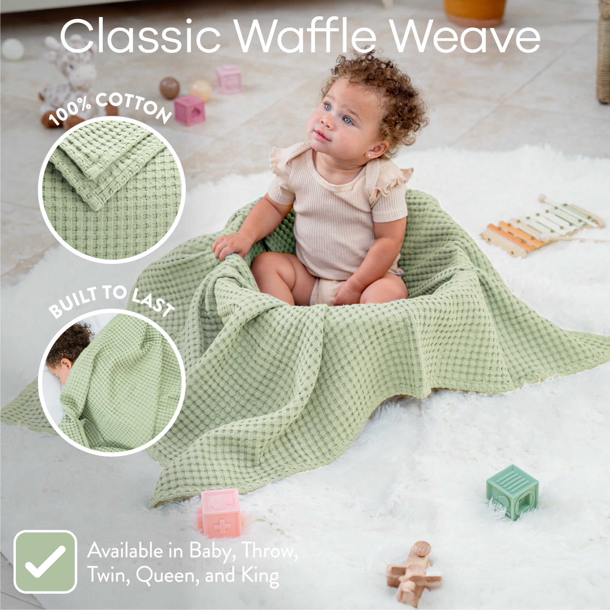Comfy Cubs Waffle Weave Baby Blanket - Sage.