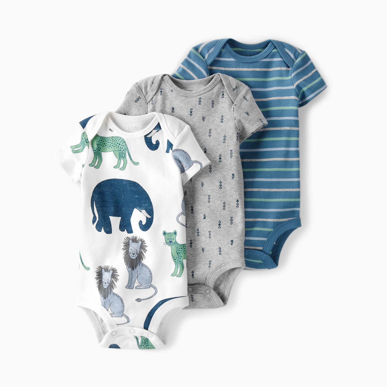 Carter's Little Planet 3-Pack Organic Cotton Rib Bodysuits - Wildlife Print, Geo Print, Stripes, 0-3 M.