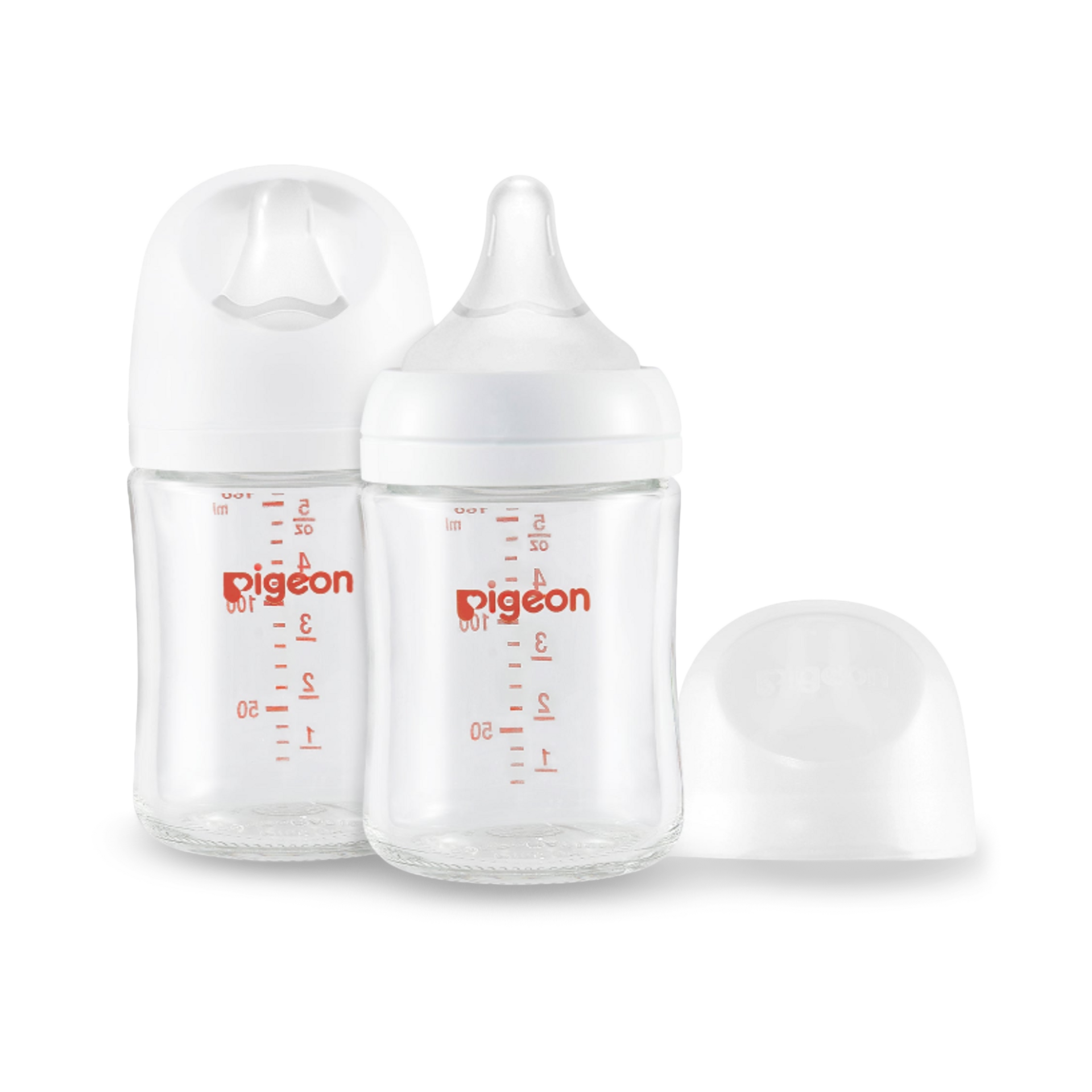Pigeon Glass Nursing Bottle Wide Neck, Anti-Colic, Streamlined Body, Natural Feel, Easy to Clean, Heat-Resistant, 5.4 Oz(Pack of 2), Includes 2pcs SS Nipples (0m+)