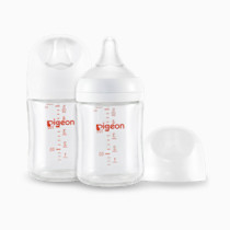 Pigeon Glass Nursing Bottle Wide Neck, Anti-Colic, Streamlined Body, Natural Feel, Easy to Clean, Heat-Resistant, 5.4 Oz(Pack of 2), Includes 2pcs SS Nipples (0m+)