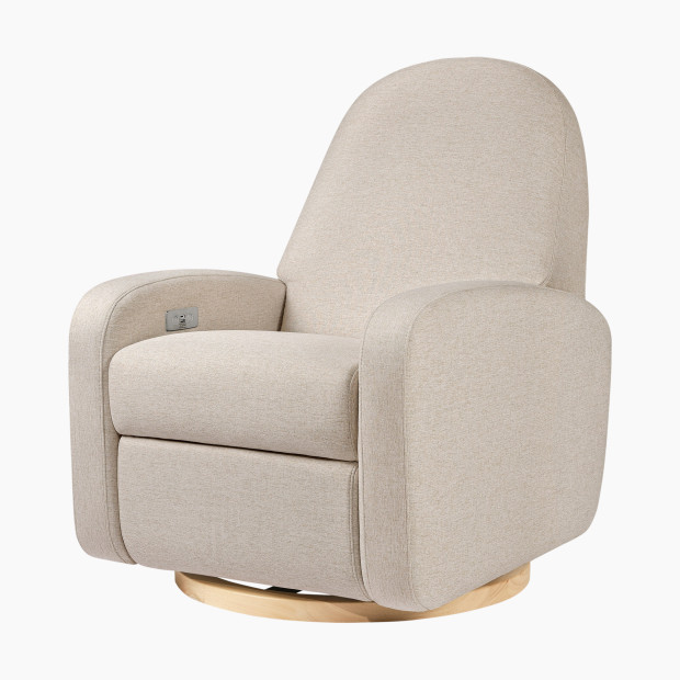 babyletto Nami Electronic Recliner and Swivel Glider Recliner in Eco-Performance Fabric - Performance Beach Eco-Weave With Light Wood Base.