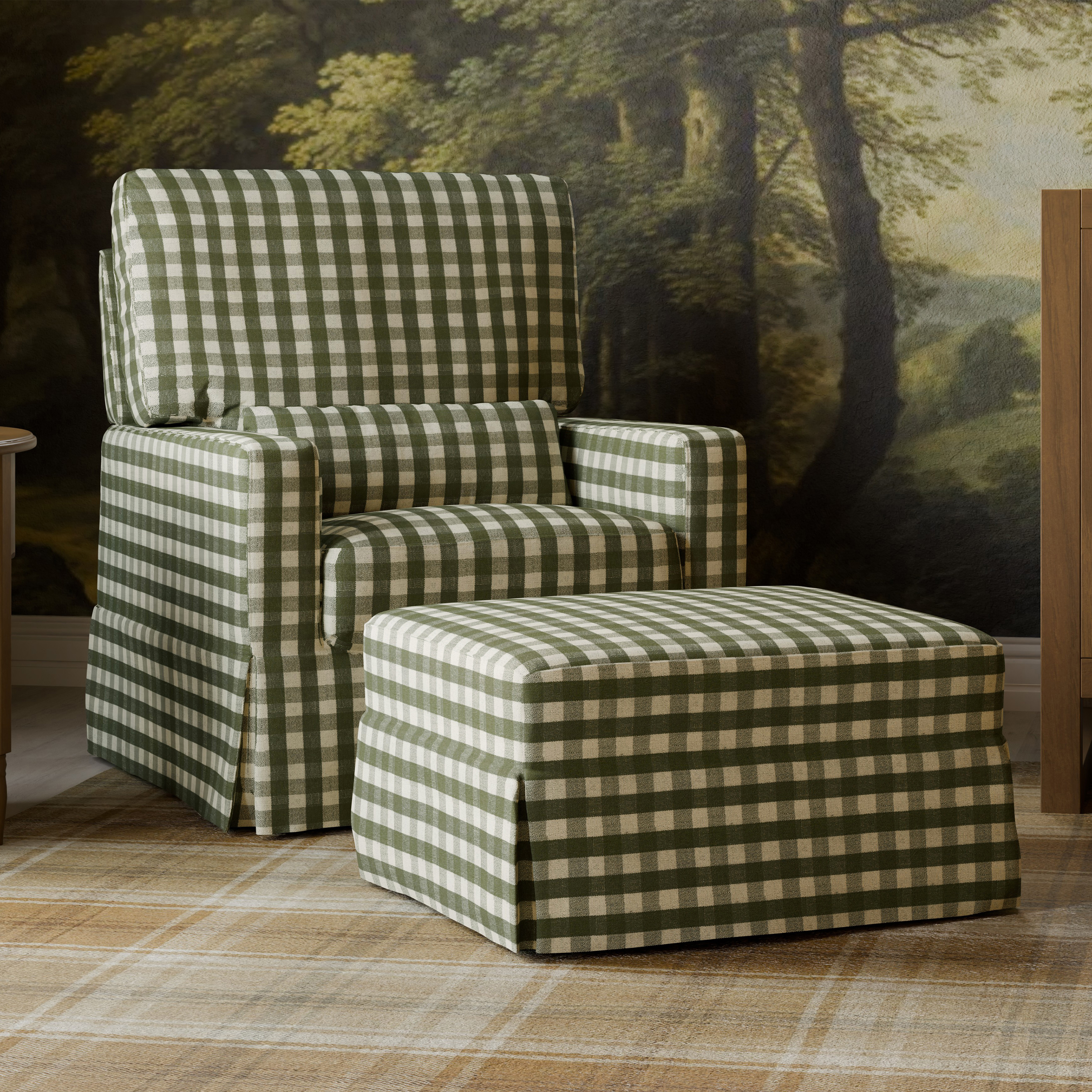 Namesake Crawford Gliding Ottoman - Moss Green Gingham.