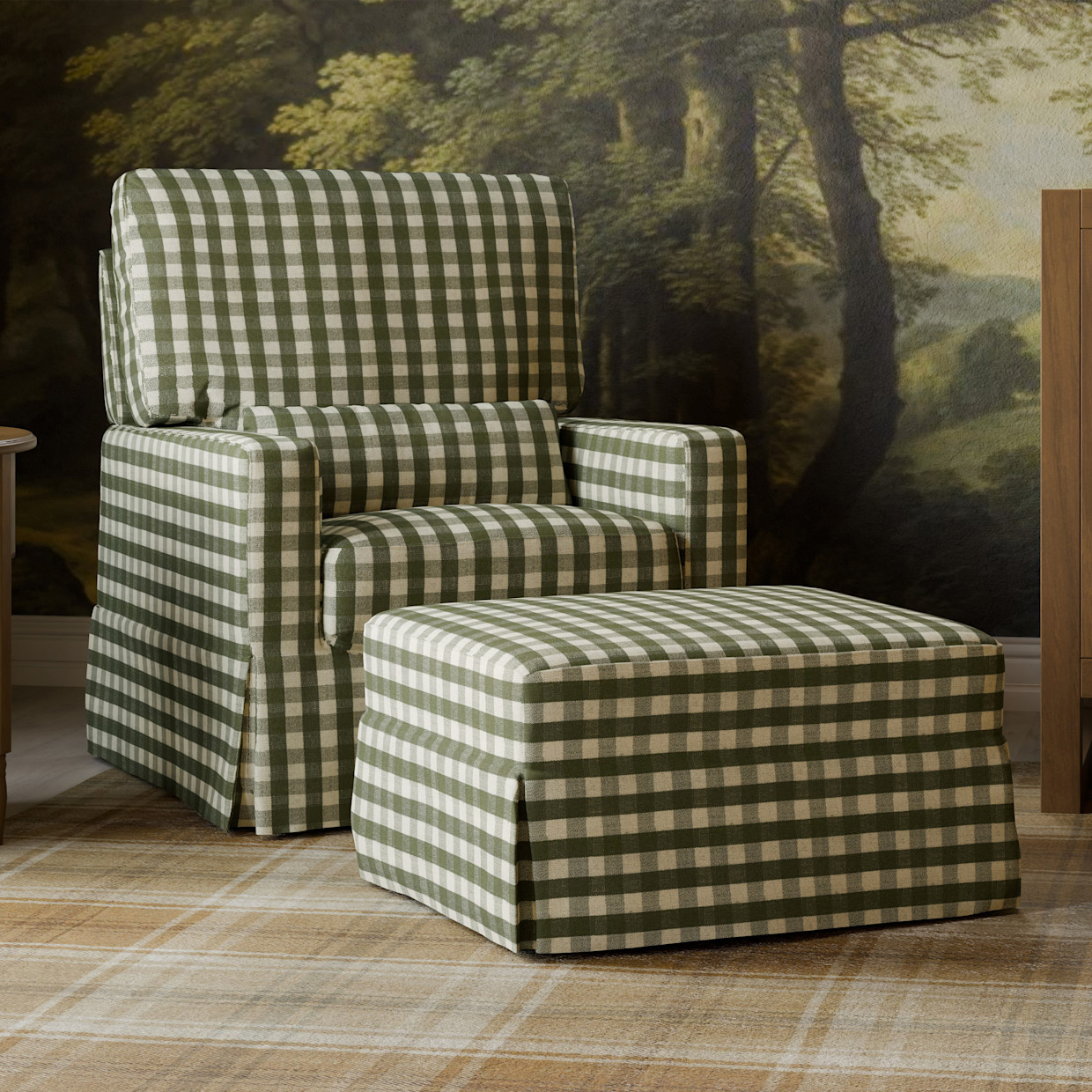 Namesake Crawford Gliding Ottoman - Moss Green Gingham.