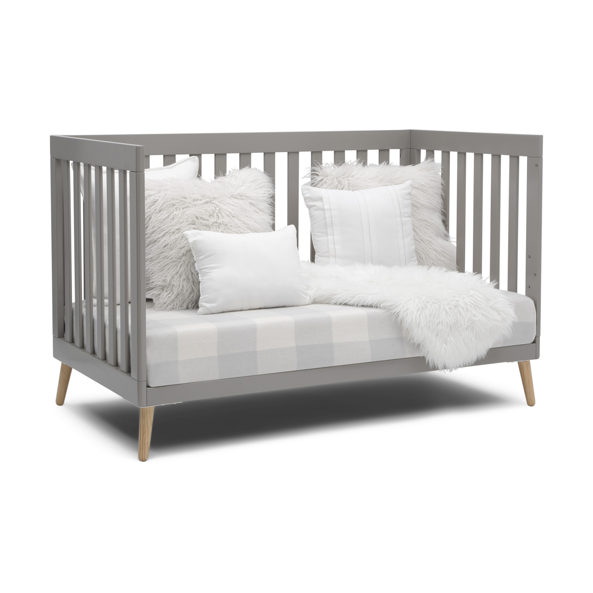 Delta Children Essex 4-in-1 Convertible Baby Crib - Grey With Natural Legs.