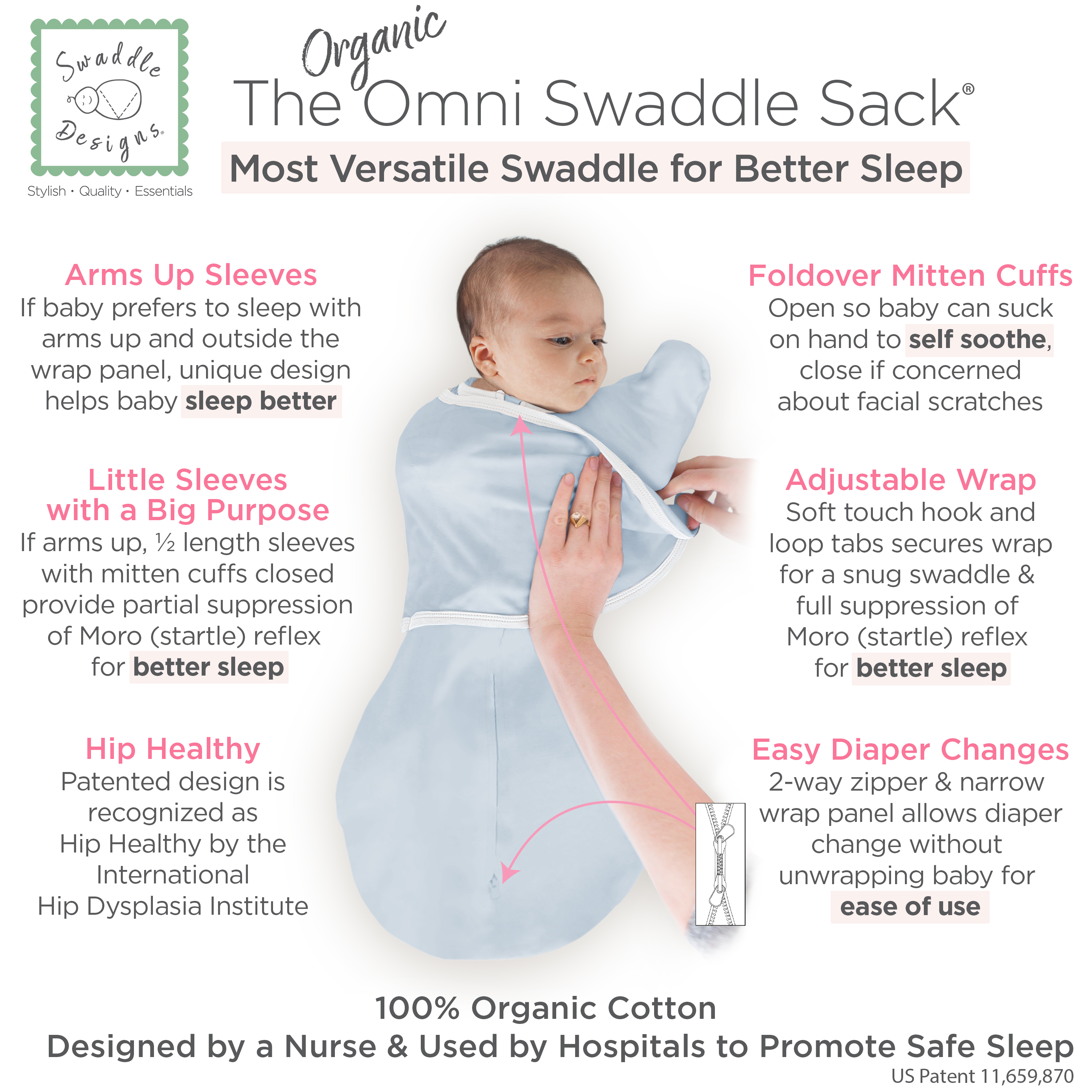 SwaddleDesigns Organic Omni Swaddle Sack with Arms Up Half-Length Sleeves and Mitten Cuffs TOG 1.0.