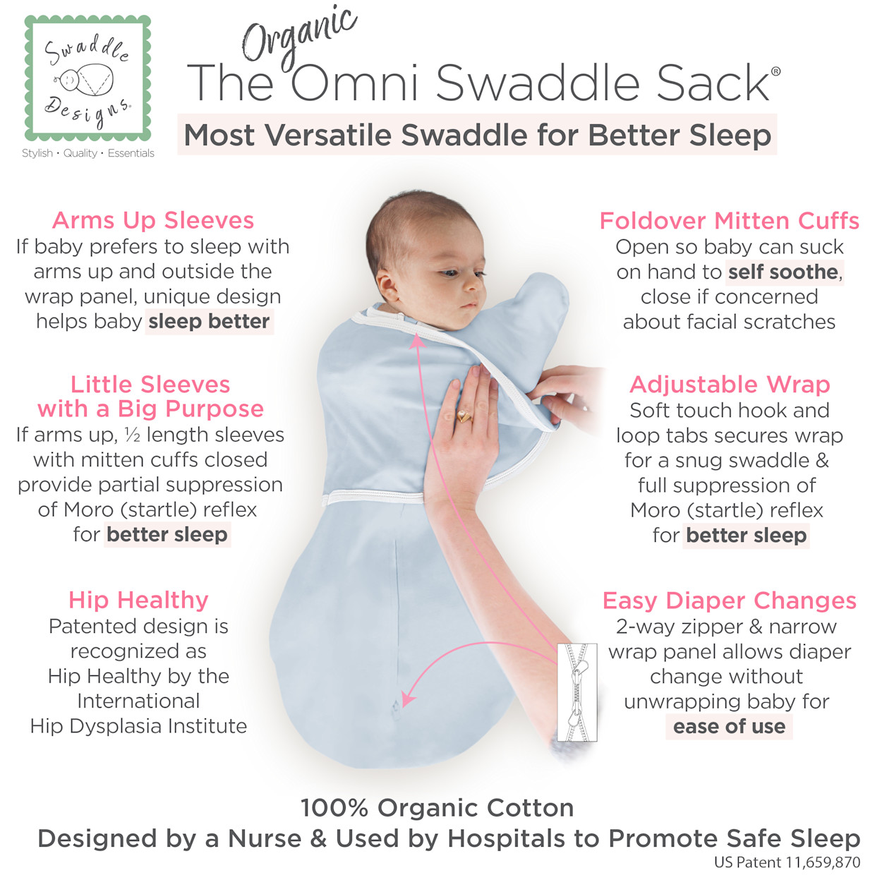 SwaddleDesigns Organic Omni Swaddle Sack with Arms Up Half-Length Sleeves and Mitten Cuffs TOG 1.0 - Soft Blue, 0-3 M.