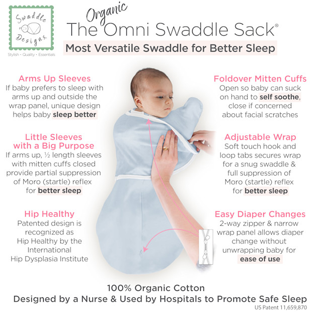 SwaddleDesigns Organic Omni Swaddle Sack with Arms Up Half-Length Sleeves and Mitten Cuffs TOG 1.0.