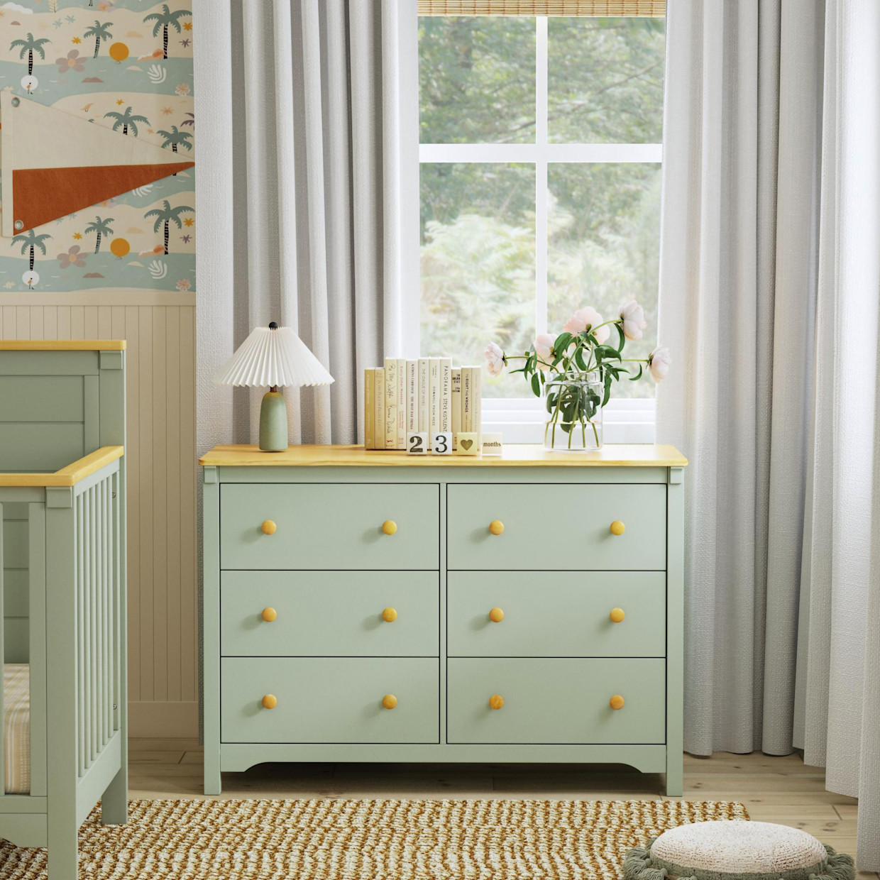 daVinci Shea 6-Drawer Dresser - Light Sage/Honey.