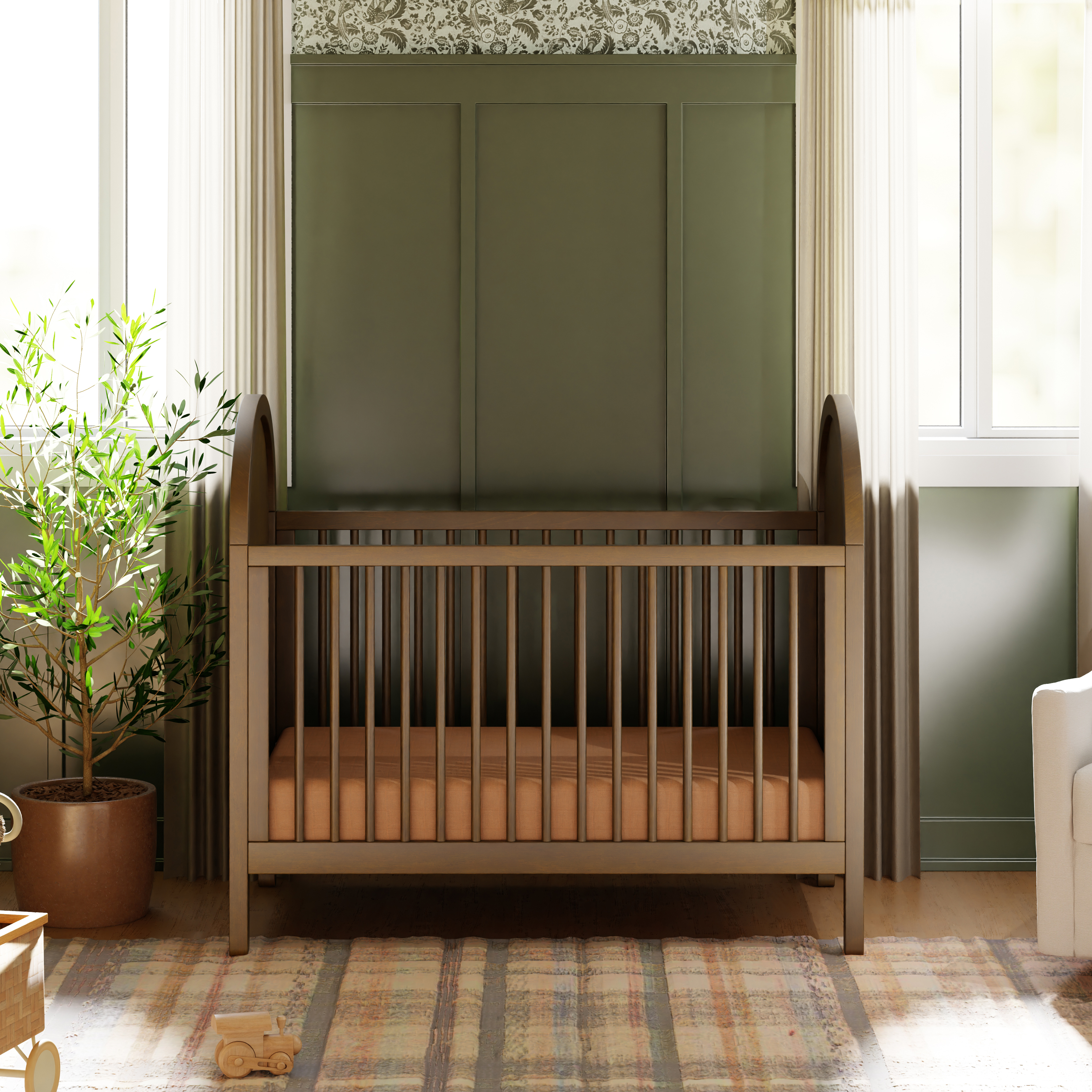 babyletto Bondi 3-in-1 Convertible Crib with Toddler Bed Conversion Kit - Natural Walnut With Natural Cane.
