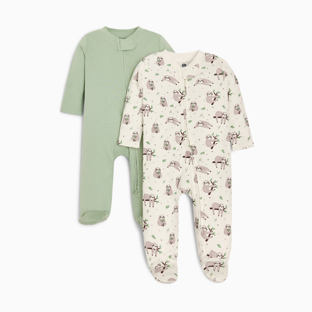 Small Story Organic Cotton 2-Way Zip Footie (2 Pack) - Sloth & Sage Solid, 0-3 M.