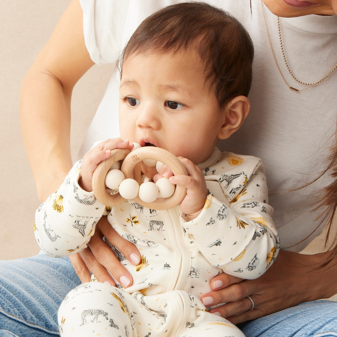 AEIOU Silicone & Wood Multi-Ring Teether - Sage.