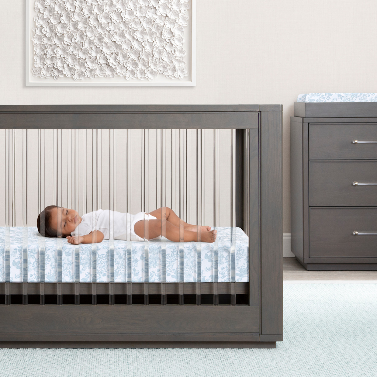 Bellini Organic Jersey Cotton Crib Sheet and Changing Pad Cover Set - Blue Floral.