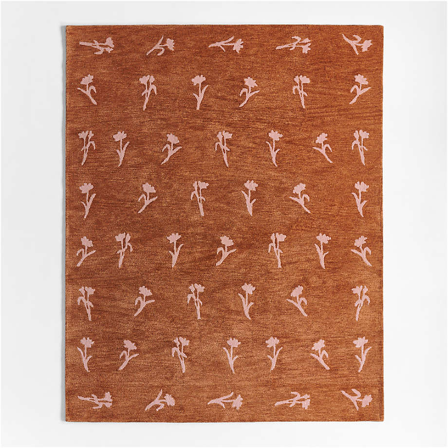Crate and Barrel Lupin Terracotta Floral Kids Wool Area Rug.
