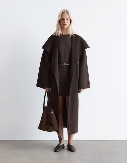 Wool Belted Maxi Coat With Funnel Neck in Brown.